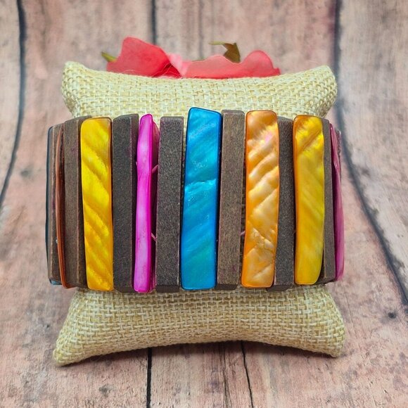 Bohemian Wood Bar & Dyed Abalone Shell Colorful Wide Stretch Bracelet Beach - Picture 4 of 6